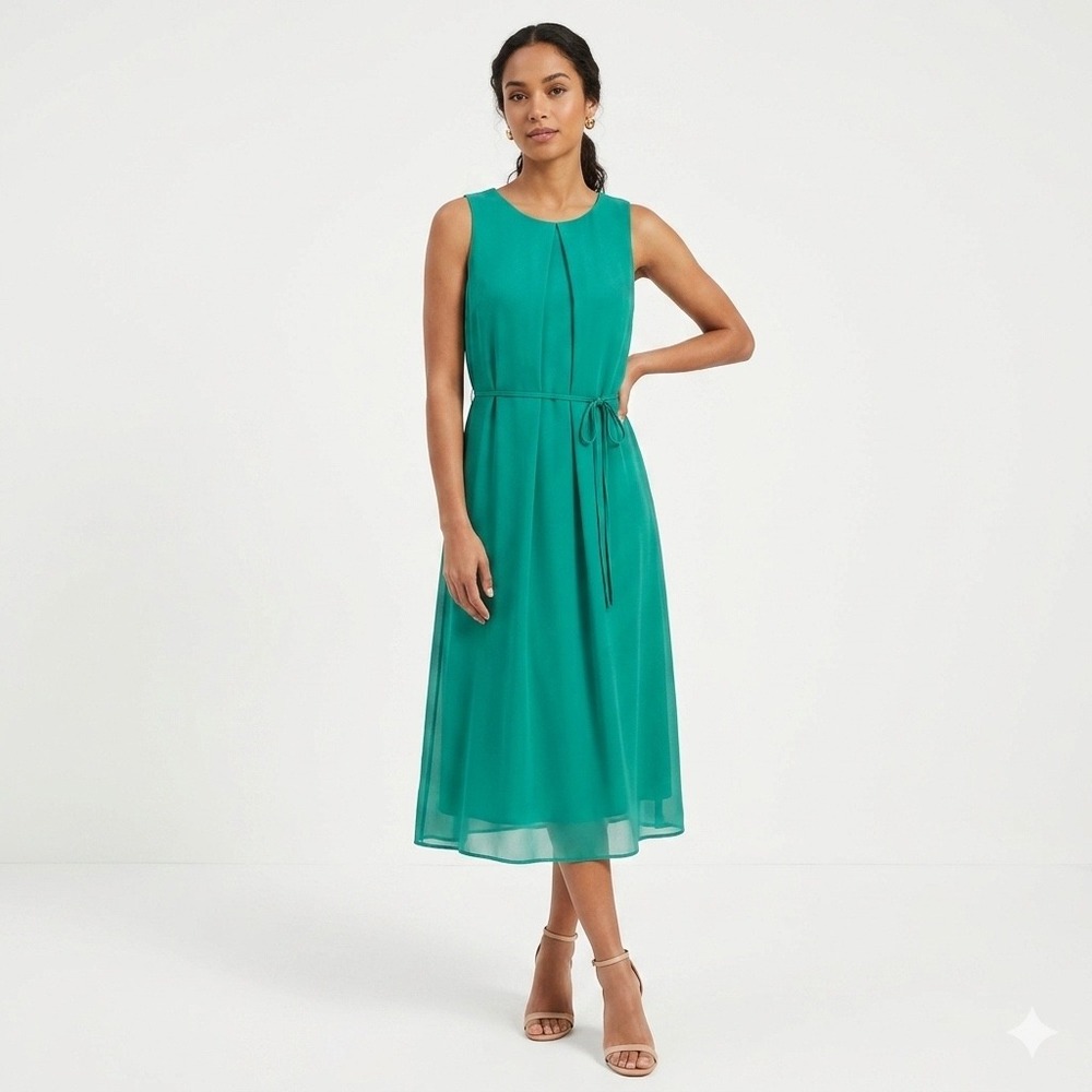 Banana Republic Womens Emerald Green Sleeveless Pleated Midi Dress M Tie Waist‎